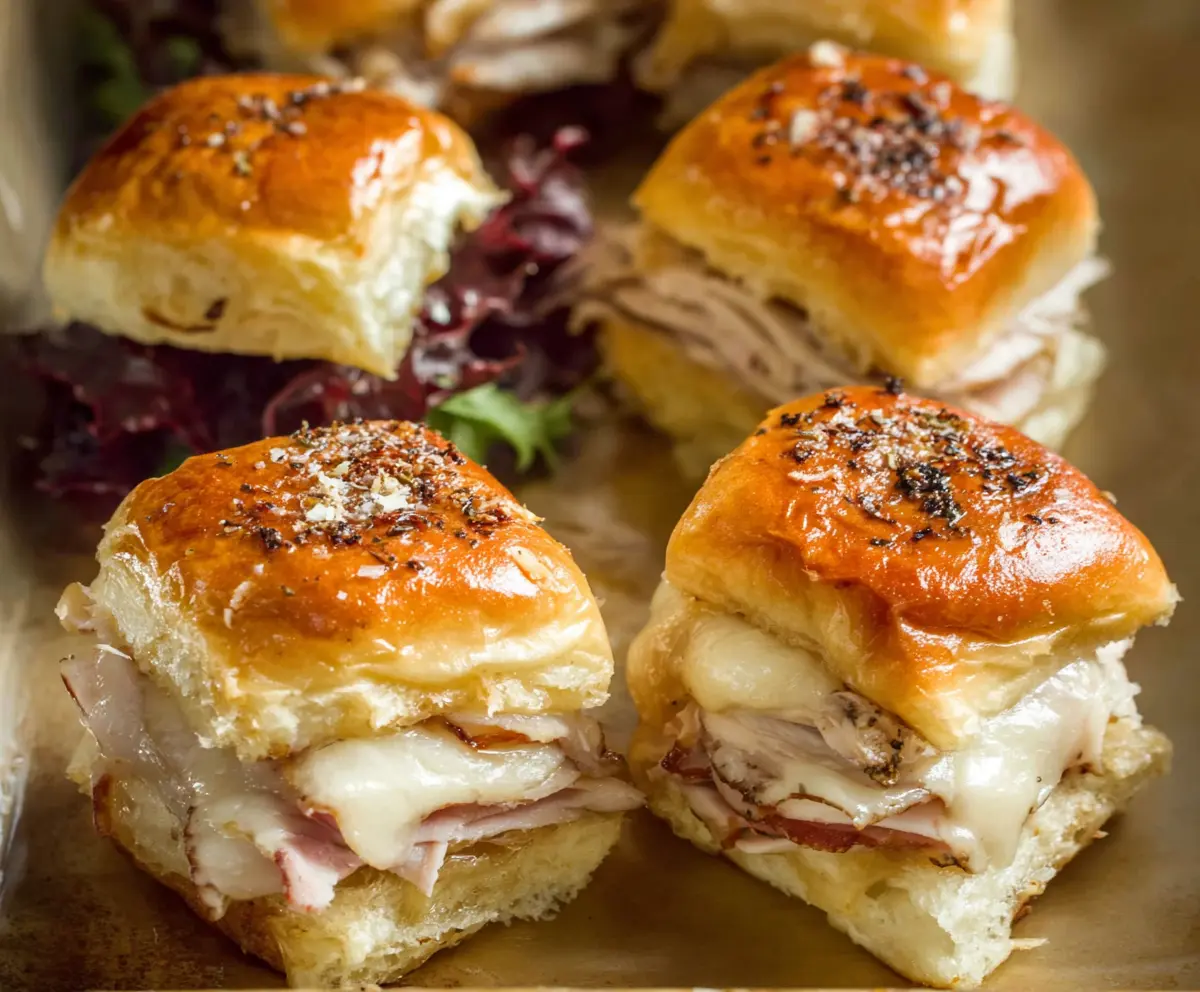 Delicious turkey and Swiss sliders served on a platter, perfect for appetizers or snacks.