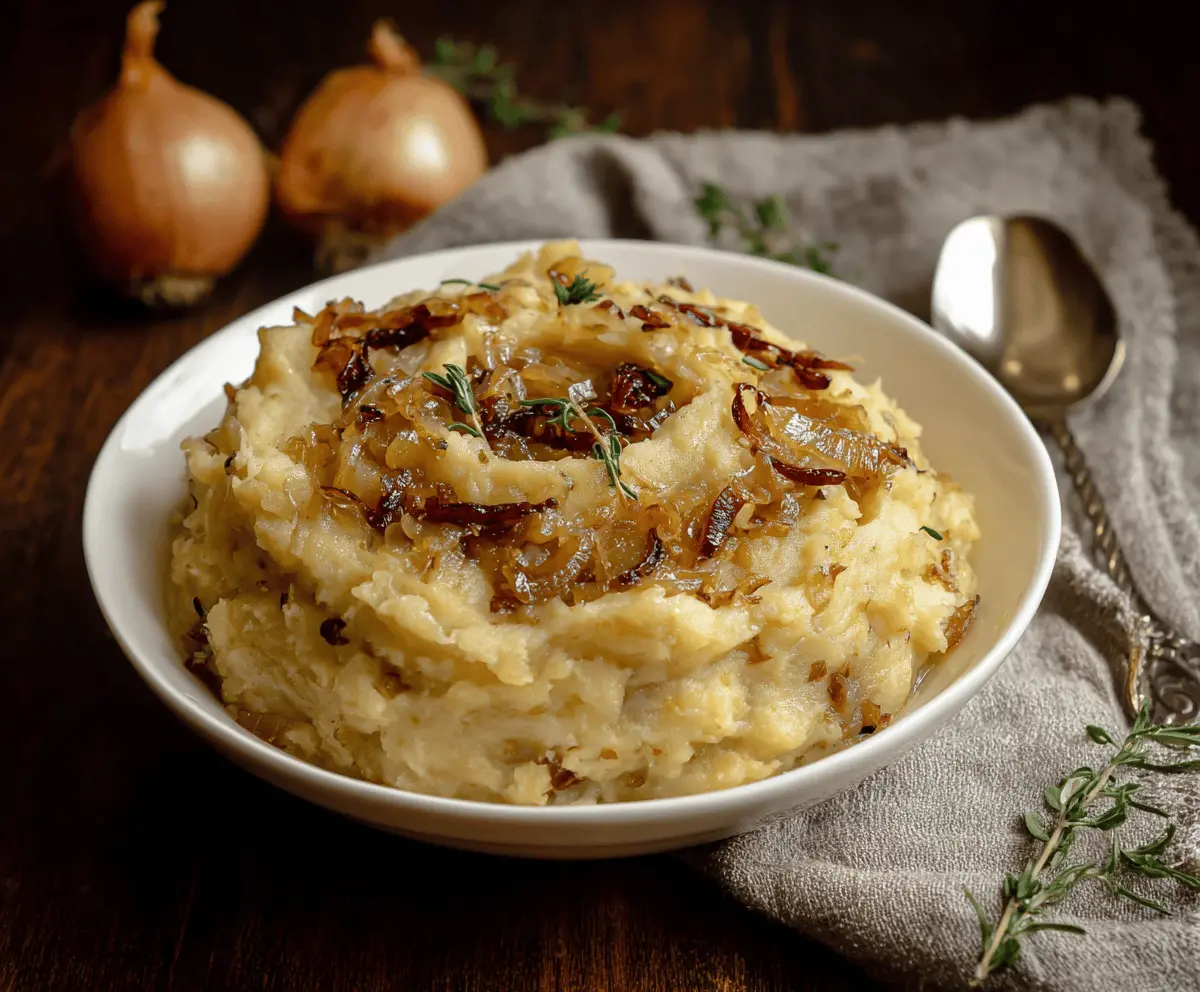 Delicious vegan caramelized onion mashed potatoes served on a plate