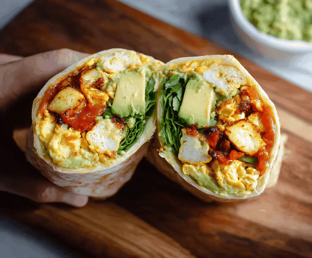 Delicious veggie breakfast burrito filled with fresh vegetables and melted cheese, perfect for a healthy start to your day.