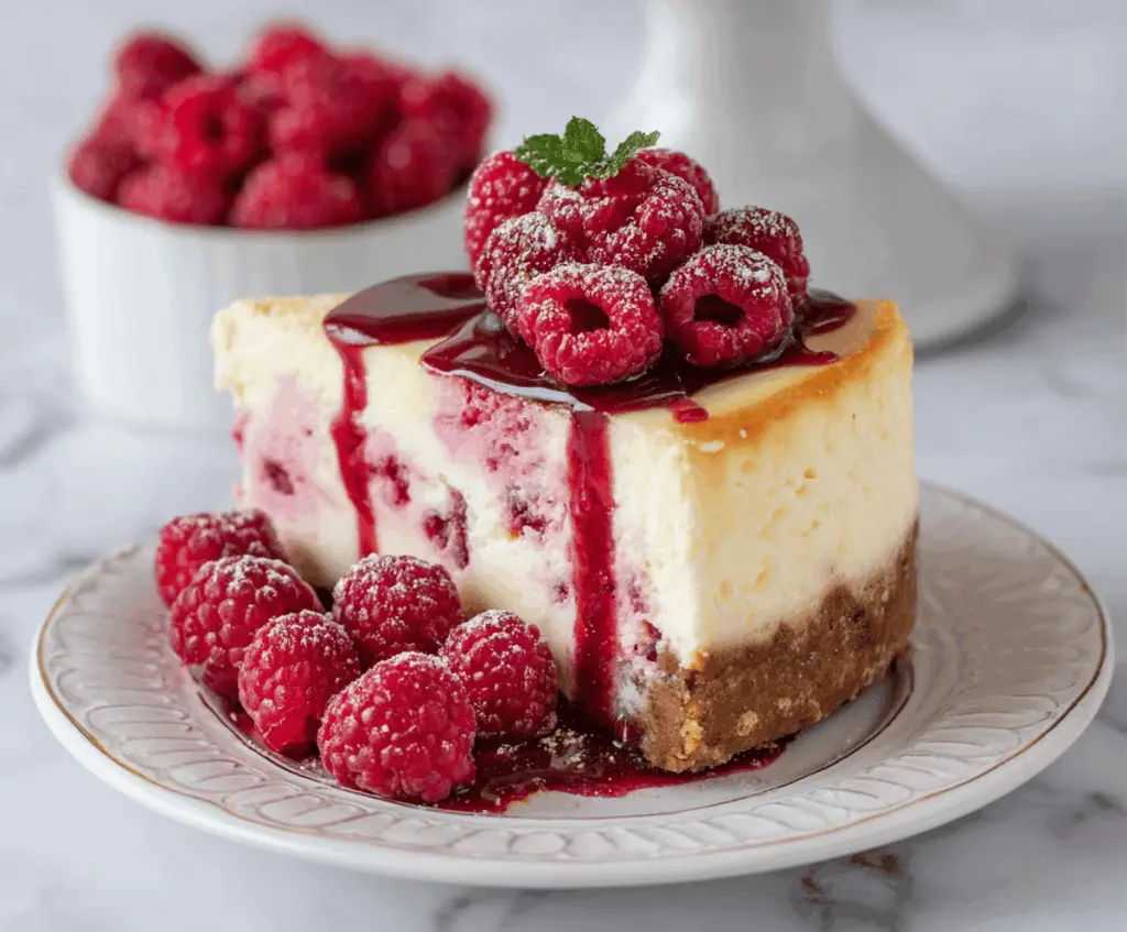 Delicious white chocolate raspberry cheesecake garnished with fresh raspberries and white chocolate shavings.