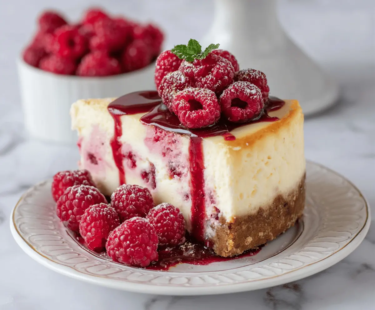 Delicious white chocolate raspberry cheesecake garnished with fresh raspberries and white chocolate shavings.
