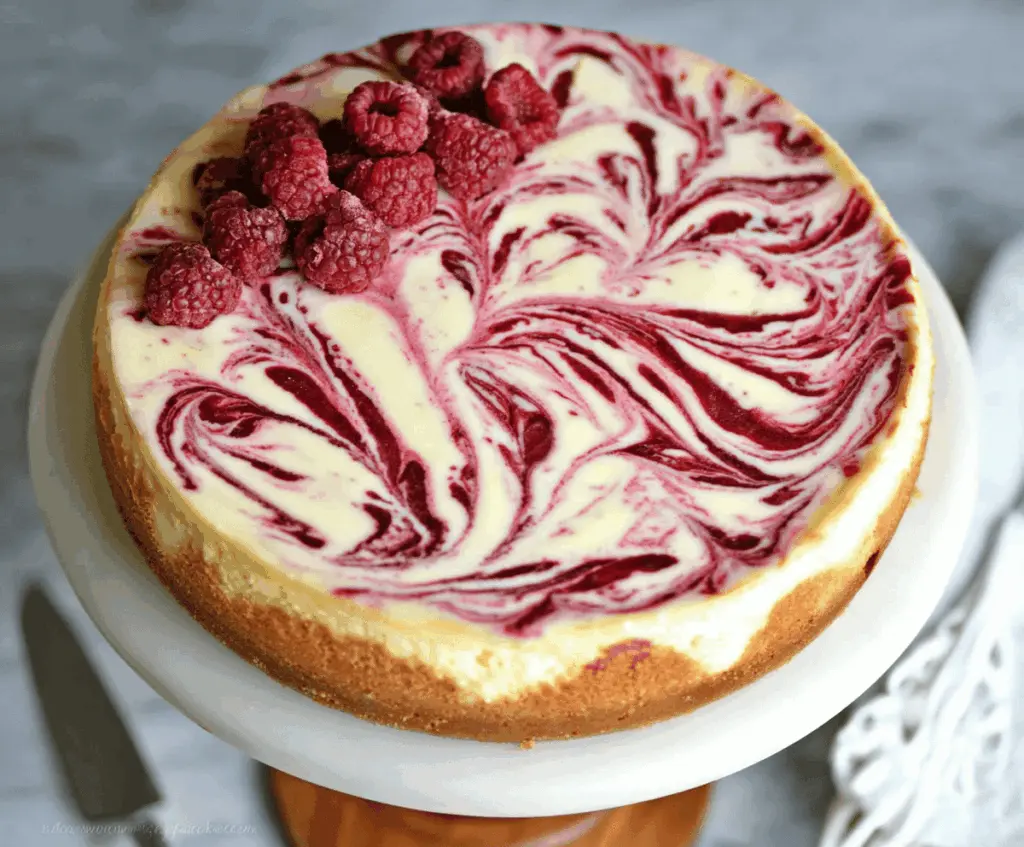 Creamy white chocolate raspberry swirl cheesecake garnished with fresh raspberries and white chocolate shavings.