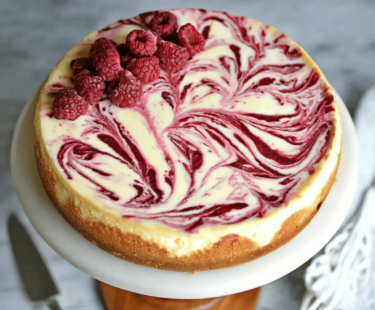 Creamy white chocolate raspberry swirl cheesecake garnished with fresh raspberries and white chocolate shavings.
