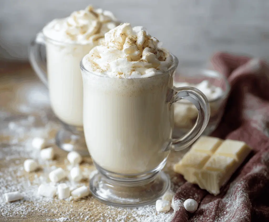 Creamy white hot chocolate topped with whipped cream and marshmallows in a cozy mug