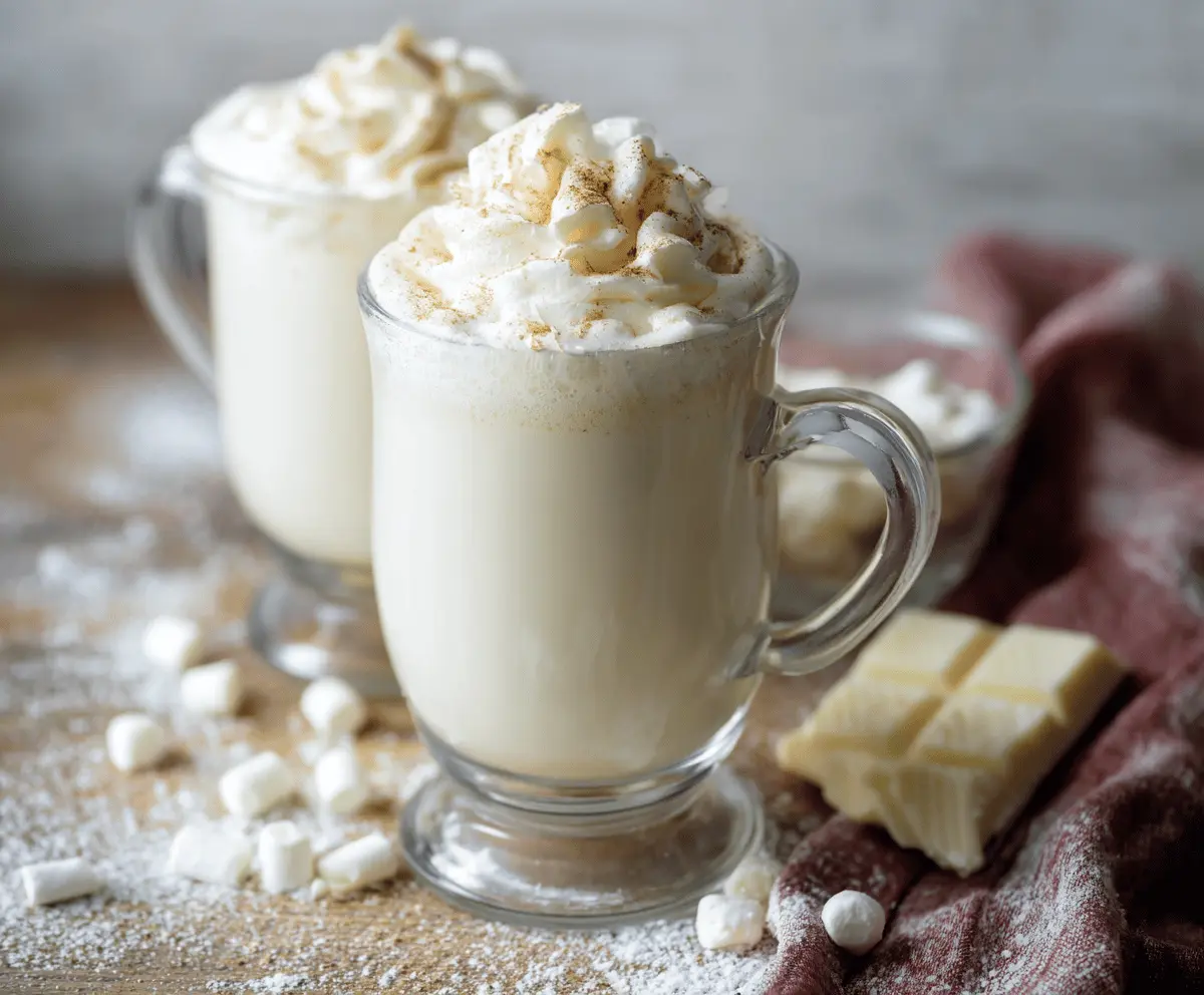 Creamy white hot chocolate topped with whipped cream and marshmallows in a cozy mug