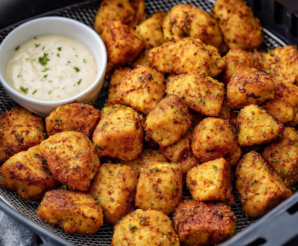 Crispy Air Fryer Chicken Bites served with fresh vegetables on a plate