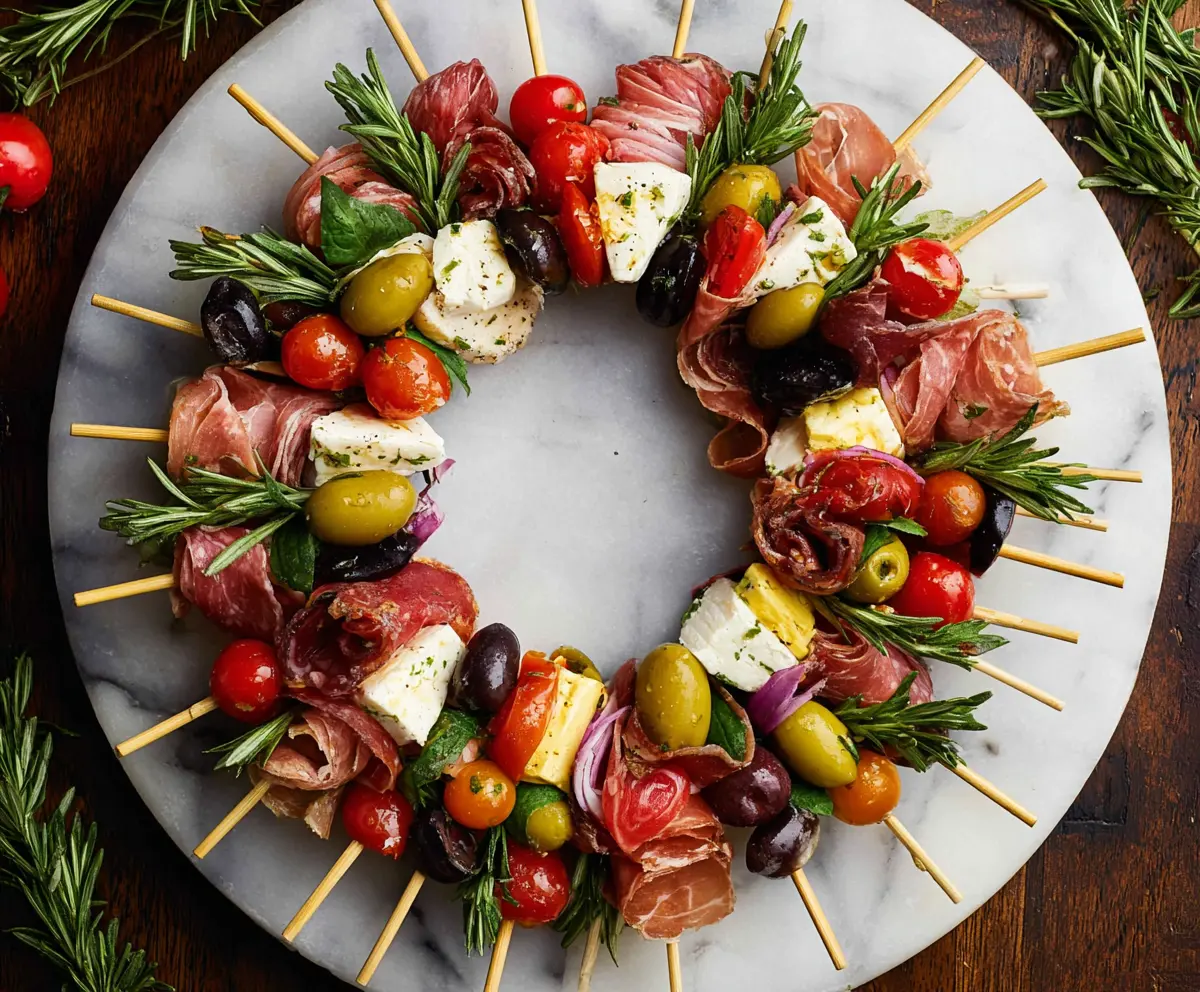 Colorful antipasto wreath skewers featuring fresh vegetables, cheeses, and cured meats for appetizer or party platter.