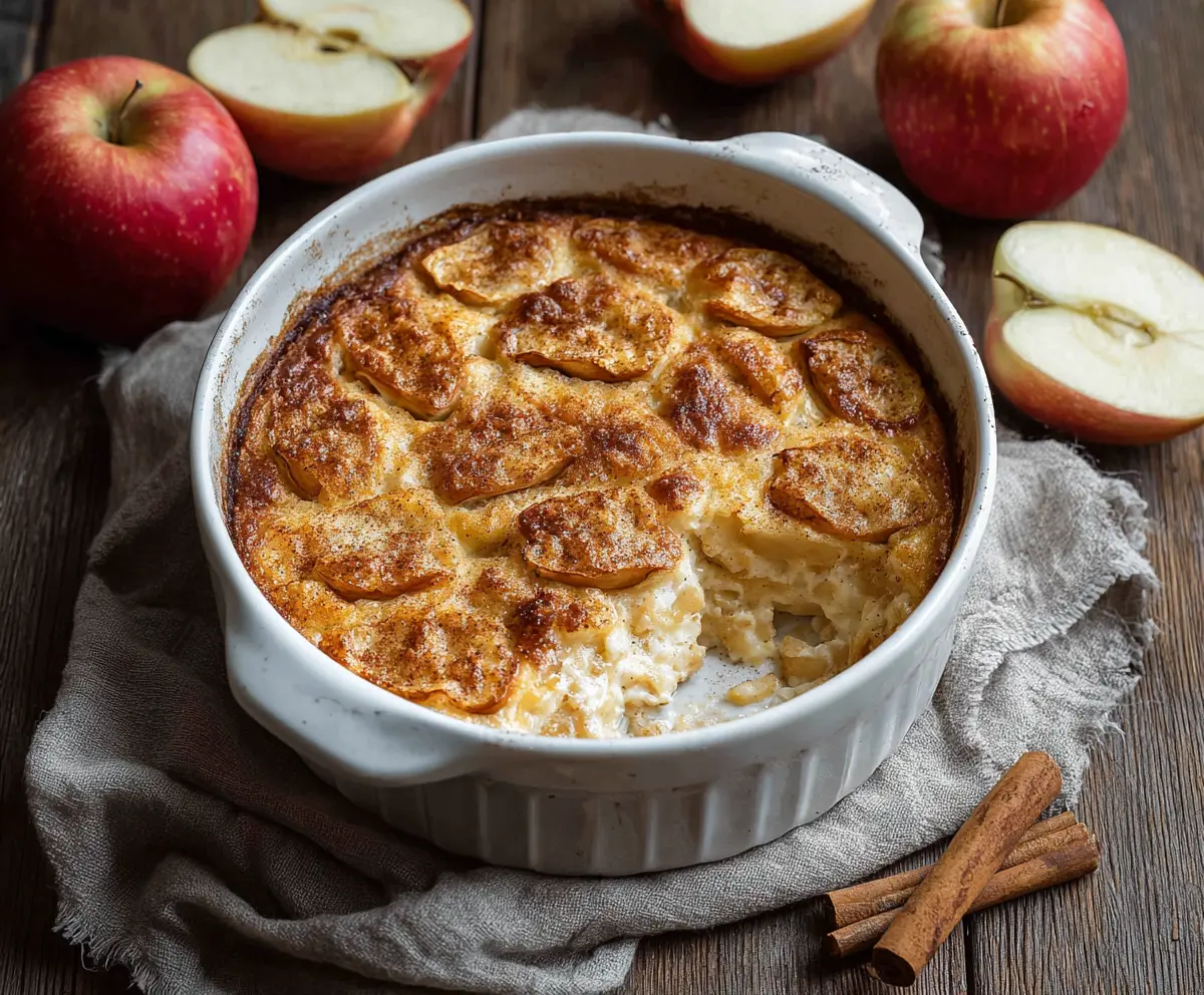 Delicious Apple Cinnamon Cottage Cheese Bake served in a baking dish with cinnamon sticks and fresh apple slices.