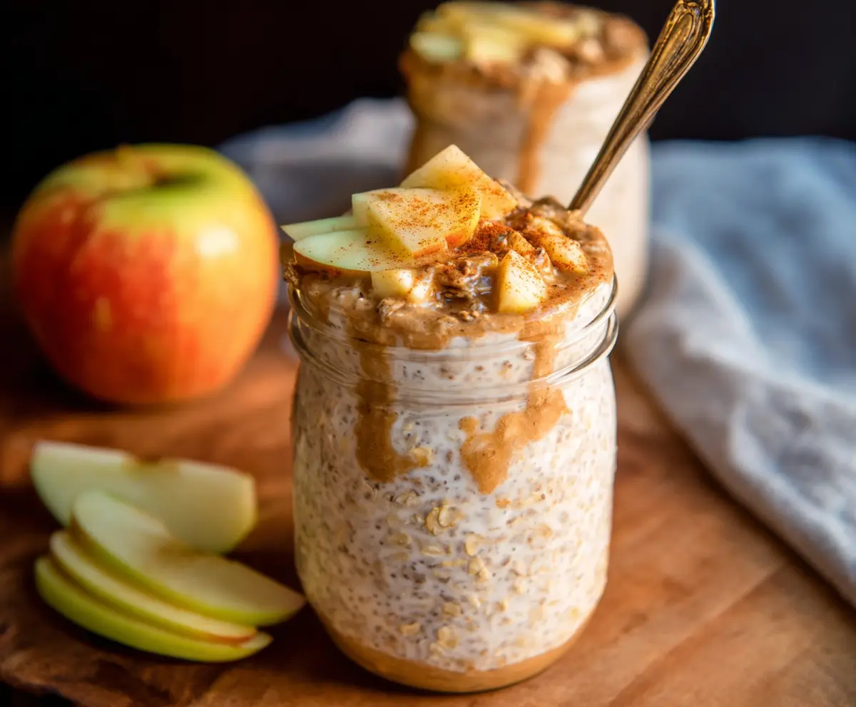 Delicious Apple Cinnamon Protein Overnight Oats in a glass jar with fresh apple slices and cinnamon sticks
