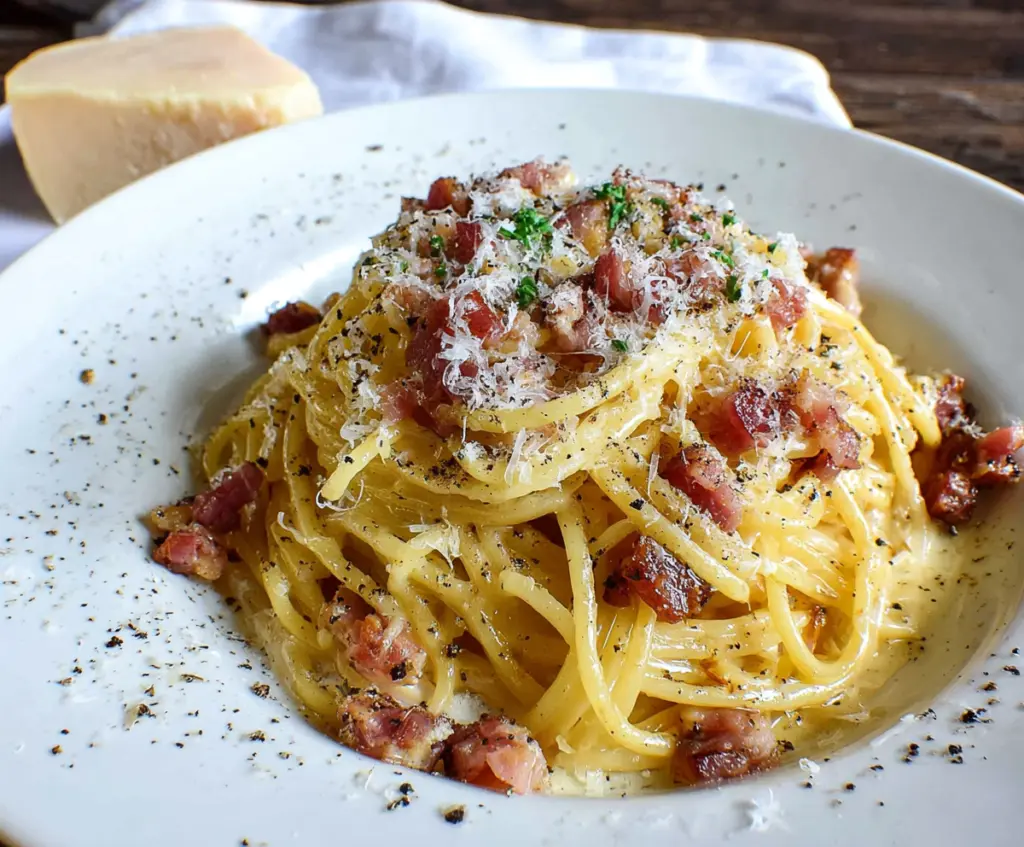 Delicious homemade Pasta Carbonara with creamy sauce and crispy pancetta on a rustic plate