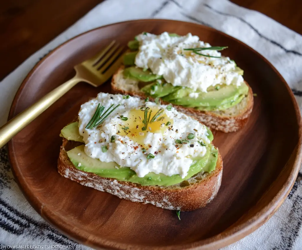 Delicious avocado toast topped with cottage cheese and drizzled with honey, perfect for a healthy breakfast.