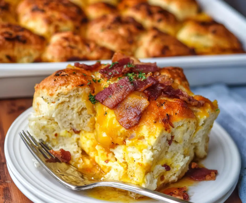 Delicious Bacon, Egg, and Cheese Biscuit Bake - a hearty breakfast casserole