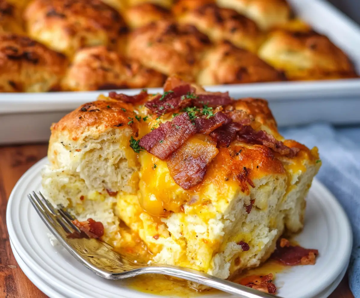 Delicious Bacon, Egg, and Cheese Biscuit Bake - a hearty breakfast casserole