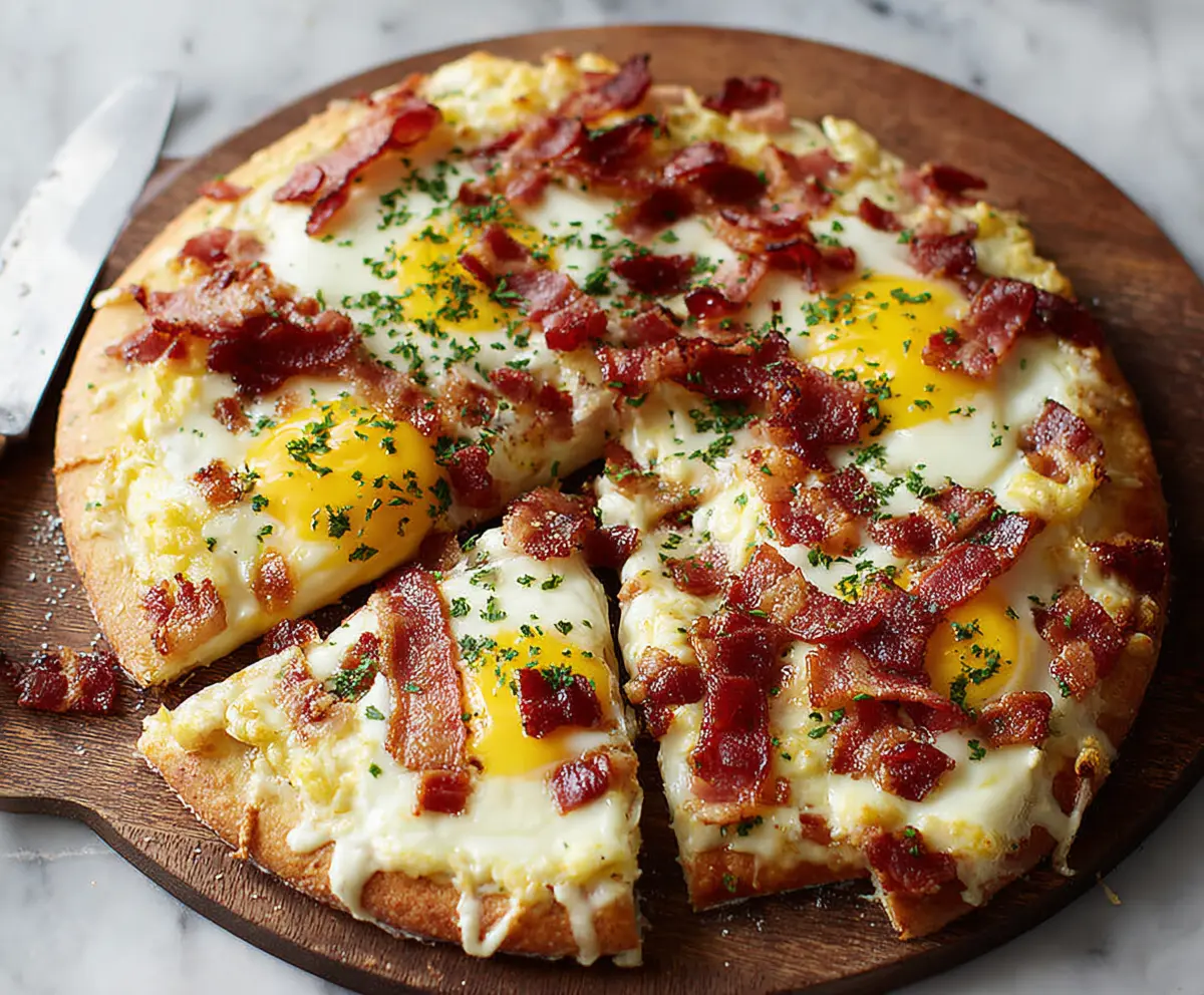 Close-up of a delicious bacon and egg breakfast pizza topped with crispy bacon, sunny-side-up eggs, and melted cheese.