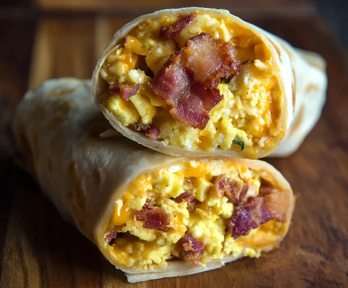 Delicious bacon and egg burrito wrapped in a warm tortilla, perfect for breakfast or brunch.