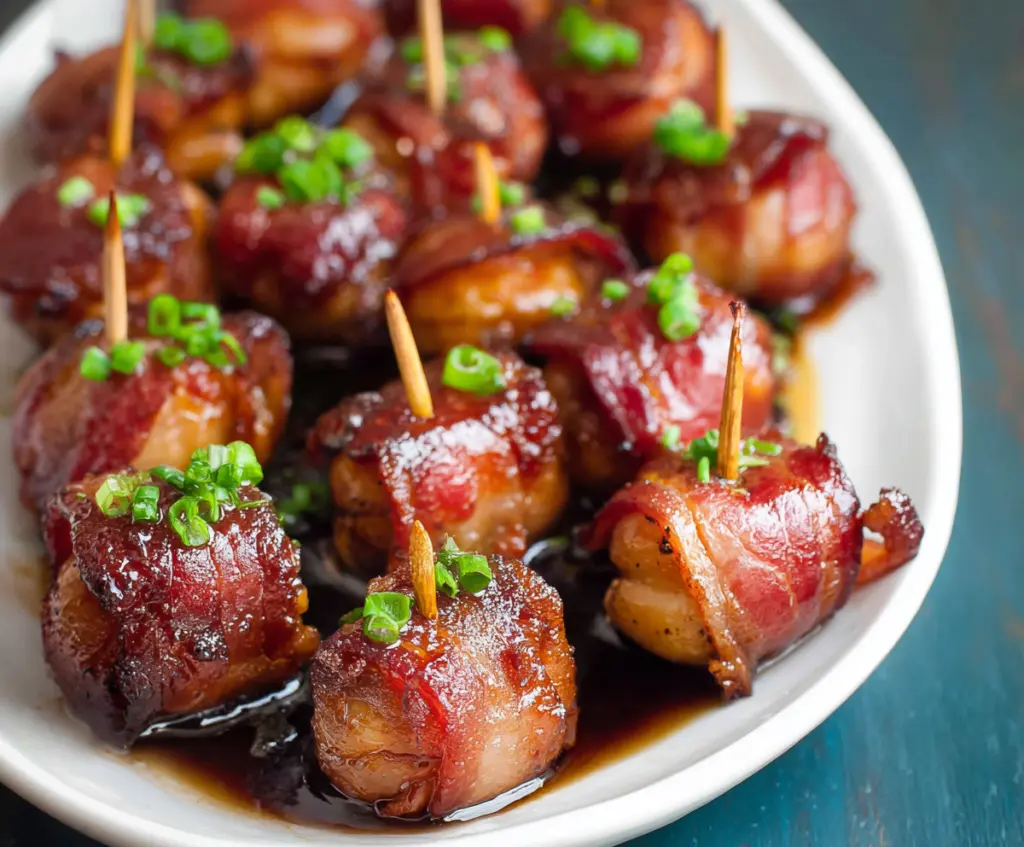 Delicious bacon-wrapped water chestnuts appetizer on a serving platter.