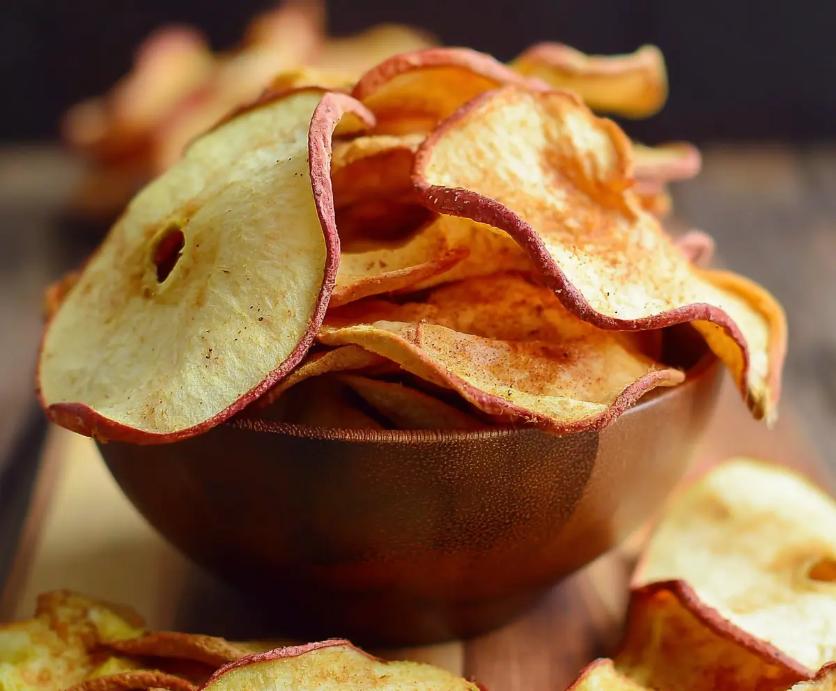 Crispy baked apple chips on a white plate, perfect for a healthy snack
