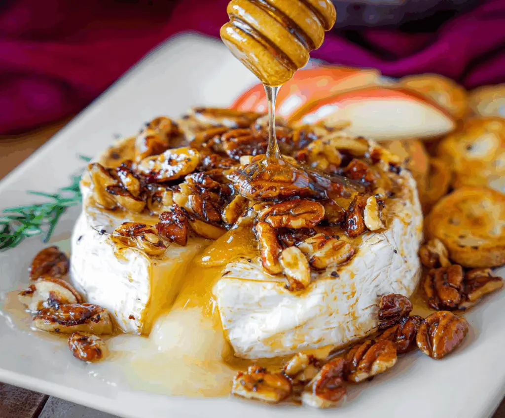 Delicious baked brie cheese topped with honey and mixed nuts, served as a gourmet appetizer.