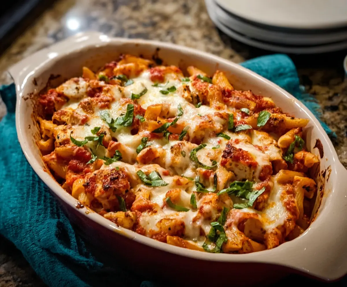 Delicious baked chicken mozzarella pasta served on a plate, topped with melted cheese and fresh herbs.