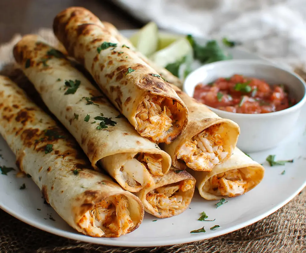 Delicious baked chicken taquitos served with fresh salsa and dipping sauce.