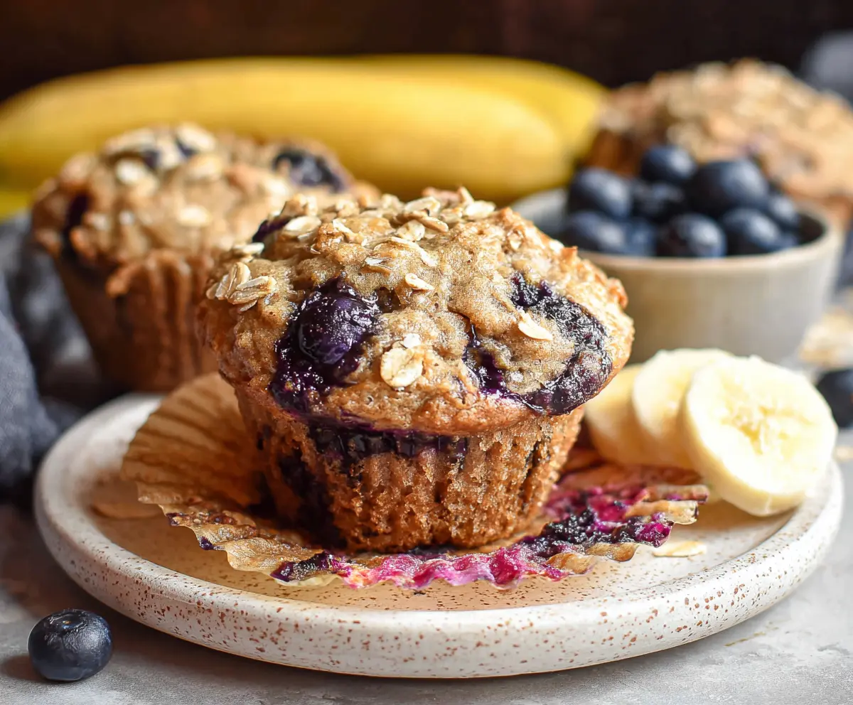 Banana blueberry oatmeal muffins in a baking tray, fresh and ready to enjoy.