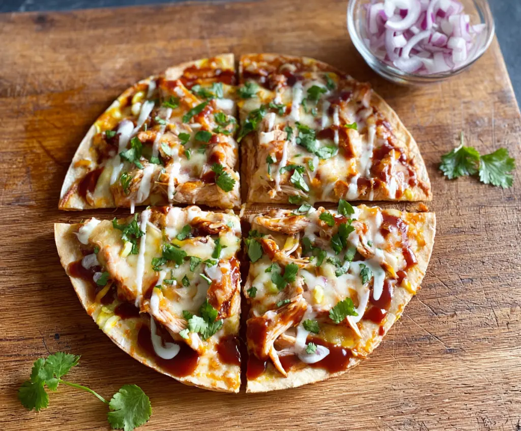 Delicious BBQ chicken tortilla pizza topped with melted cheese and fresh ingredients.