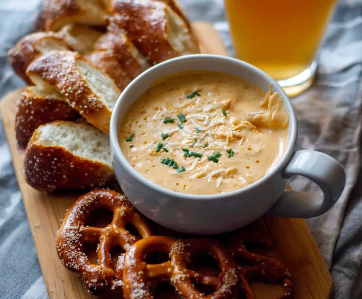 Creamy beer cheese dip served in a bowl, perfect for snacks and parties.