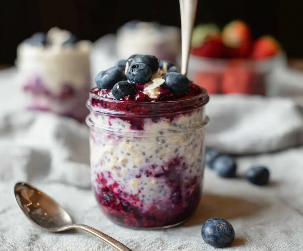 Delicious Berry Cheesecake Overnight Oats in a glass jar topped with fresh berries and creamy cheesecake filling