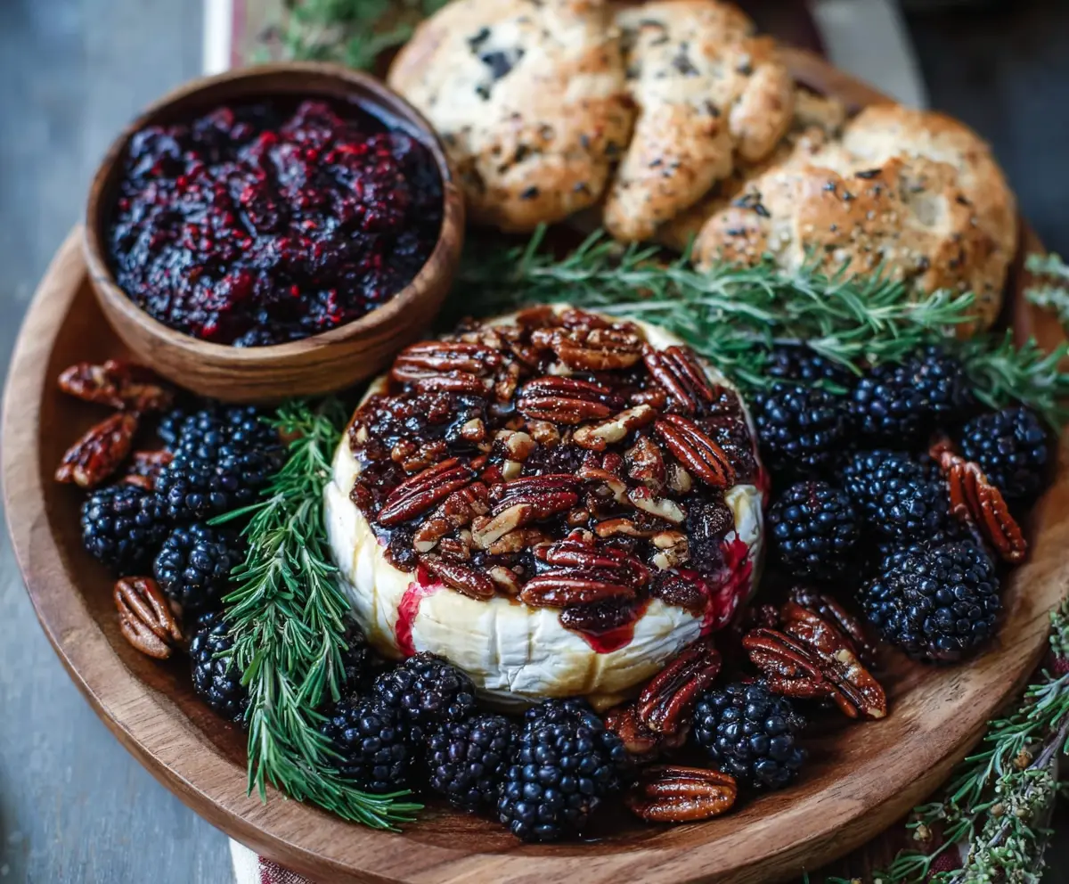 Delicious Blackberry Compote with Spicy Pecans served over Baked Brie cheese, perfect for appetizers.