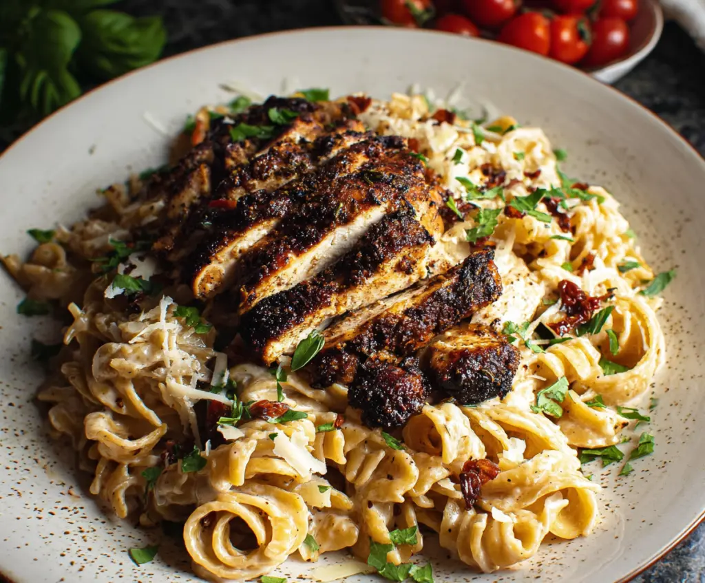 Delicious blackened chicken pasta served with fresh herbs and a creamy sauce.