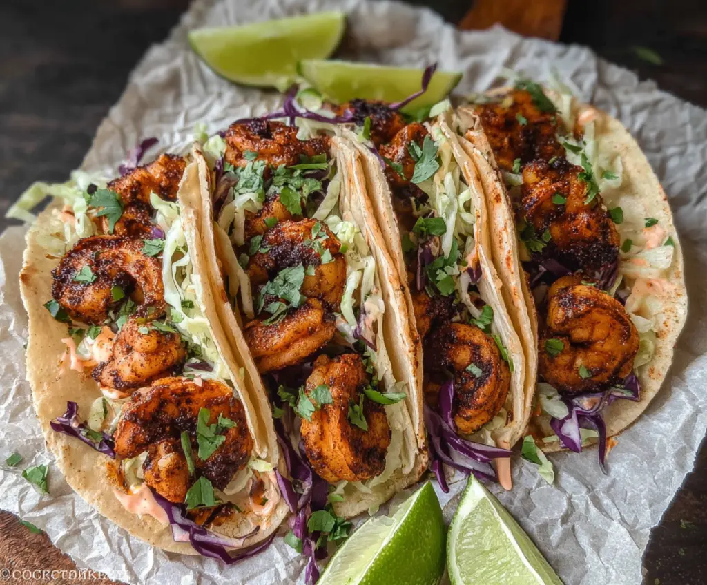 Delicious blackened shrimp tacos topped with fresh herbs and lime on a rustic plate.