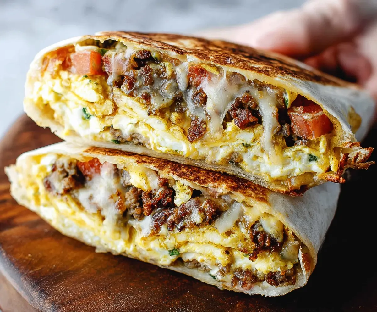 Delicious Breakfast Crunchwrap with crispy edges, melted cheese, and scrambled eggs on a plate.