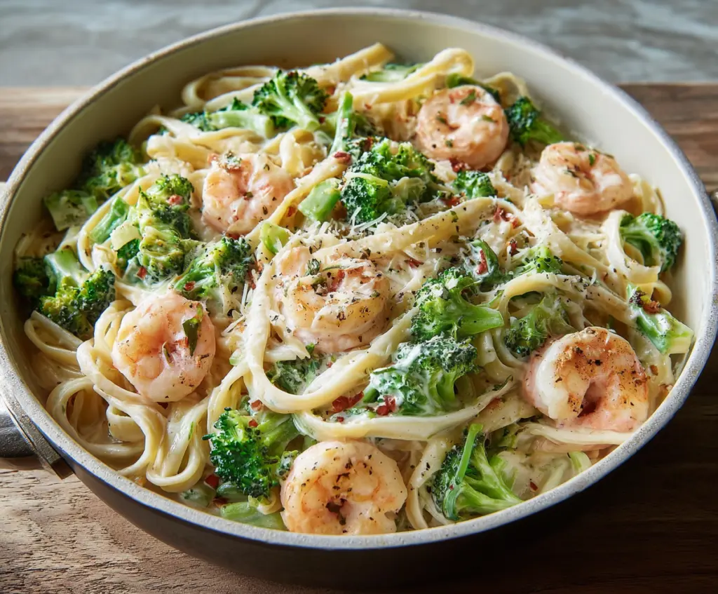 Delicious Broccoli Shrimp Alfredo pasta dish with creamy sauce and fresh vegetables