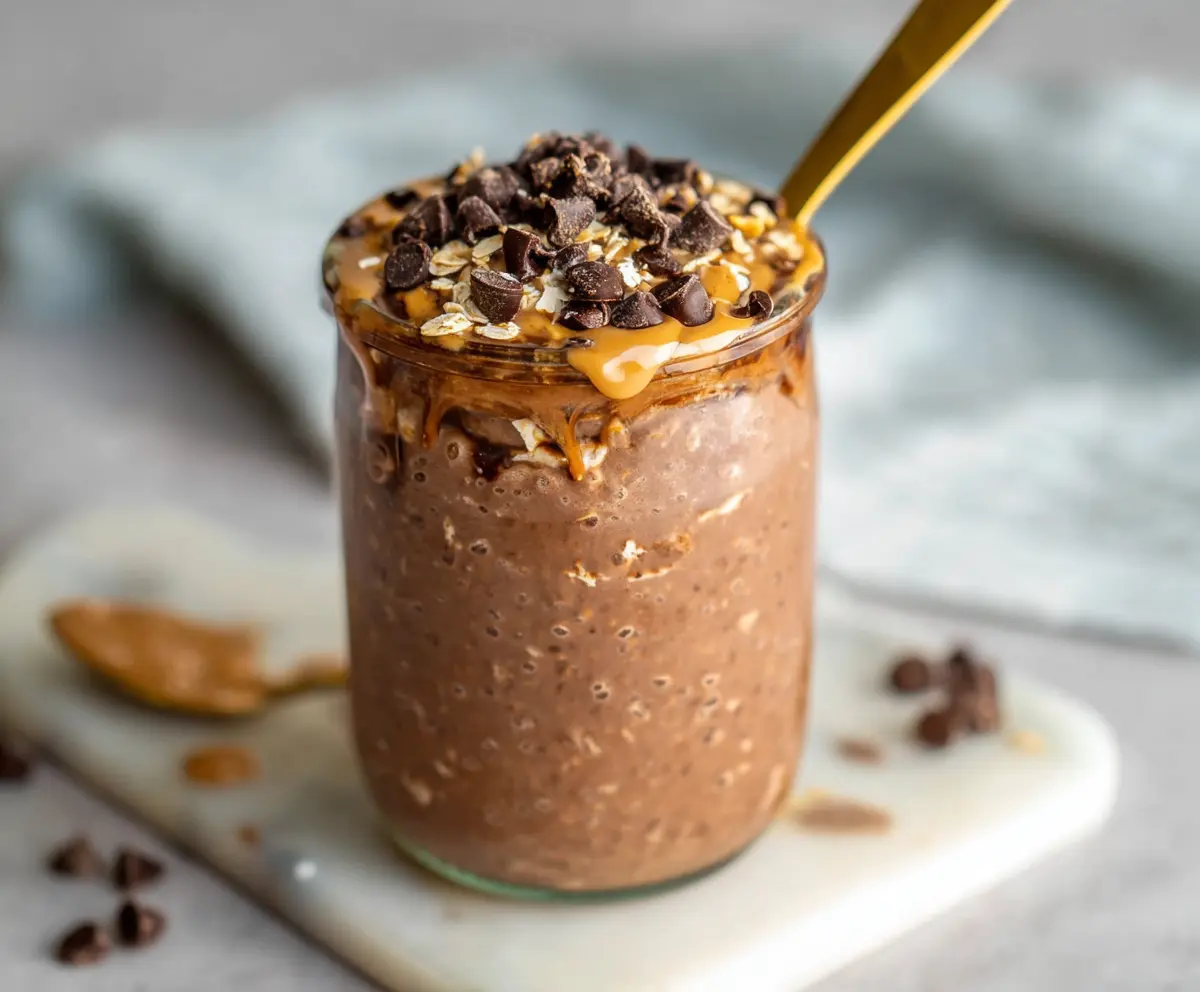 Creamy Brownie Batter Overnight Oats in a jar with chocolate swirls and fresh berries.