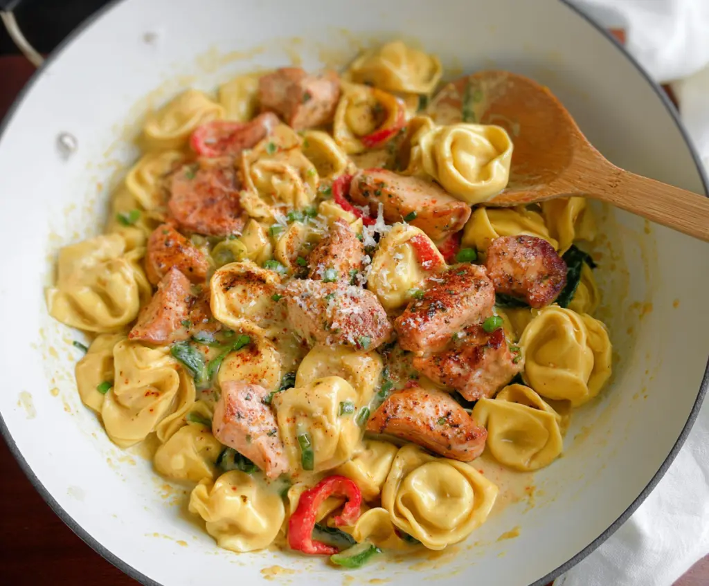 Delicious Cajun Chicken Tortellini with spices and creamy sauce on a plate