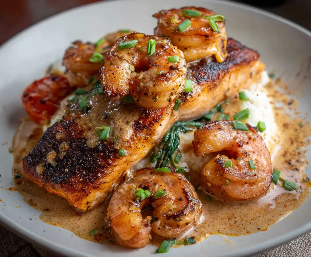Delicious Cajun salmon and shrimp served on a plate with fresh vegetables