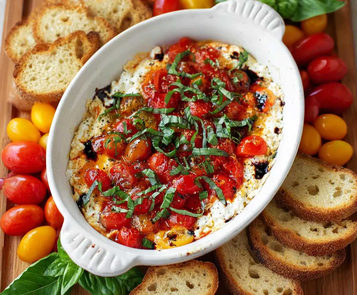Creamy Caprese Dip with fresh basil, mozzarella, and cherry tomatoes served in a bowl.