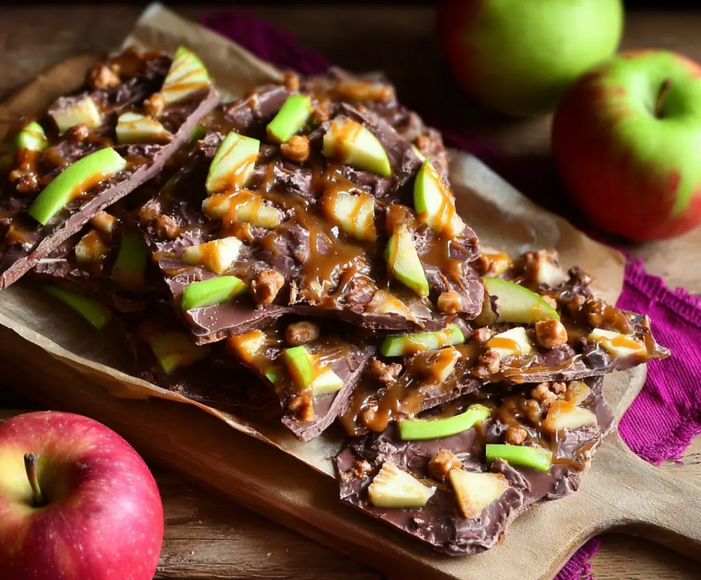 Delicious caramel apple bark with melted chocolate and crunchy toppings