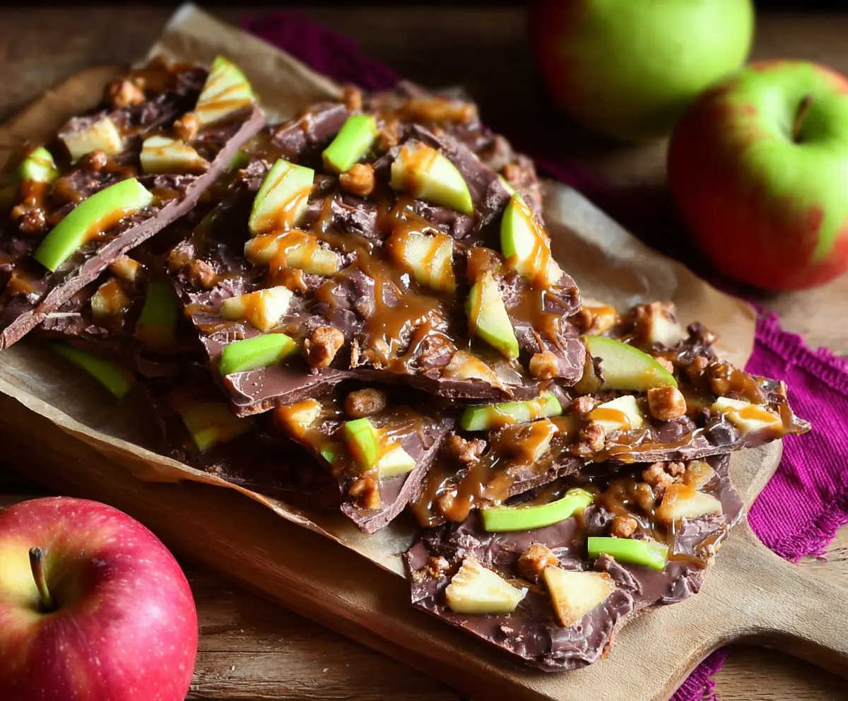 Delicious caramel apple bark with melted chocolate and crunchy toppings