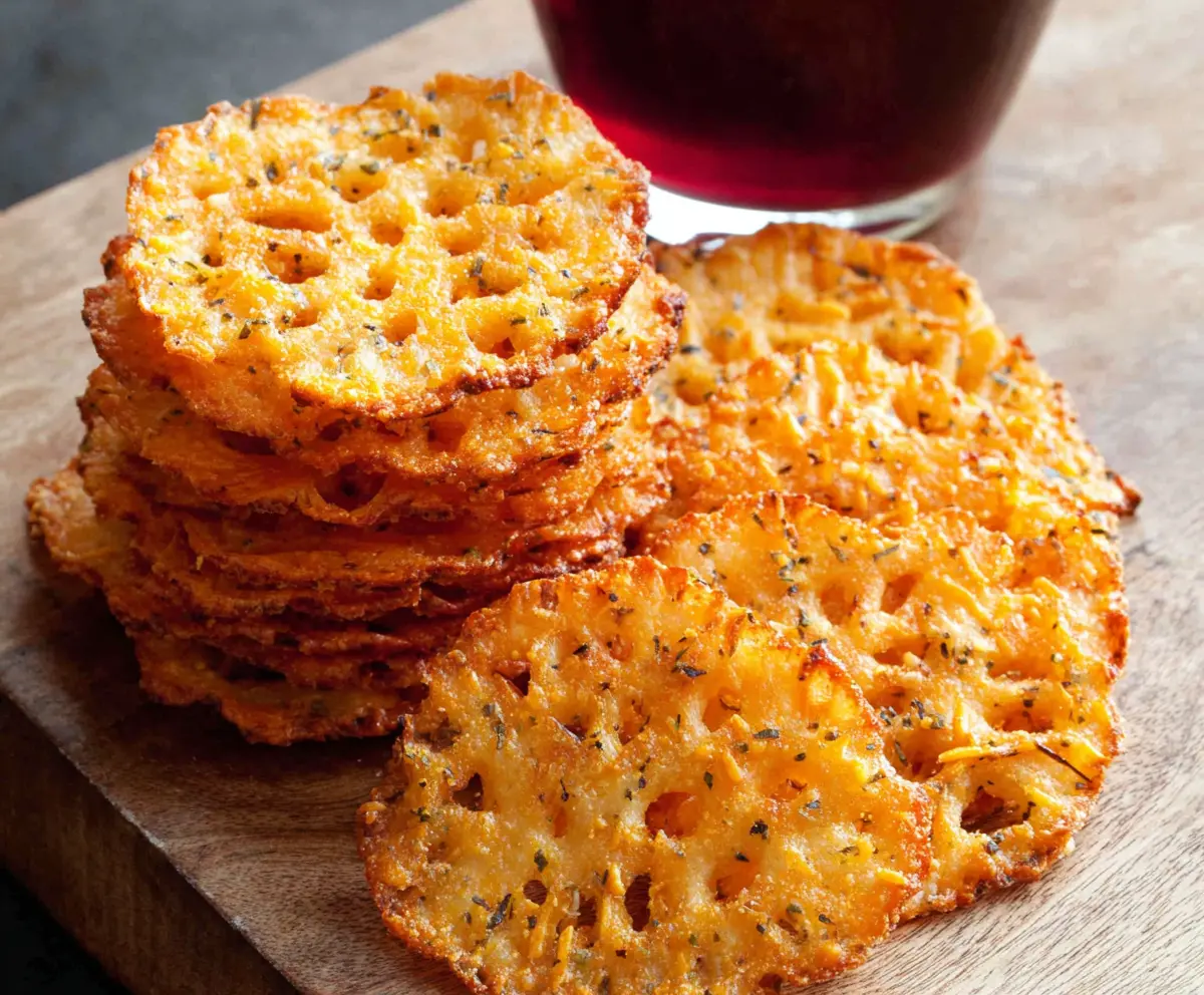 Crunchy cheddar cheese crisps with melted golden edges, perfect as a snack or appetizer.