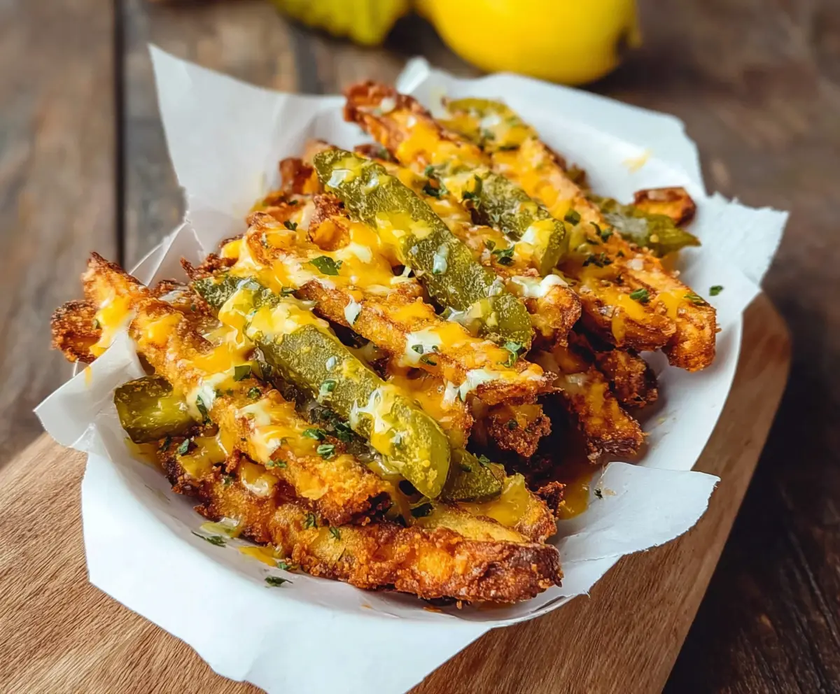 Crispy cheddar pickle fries served with dipping sauce on a plate