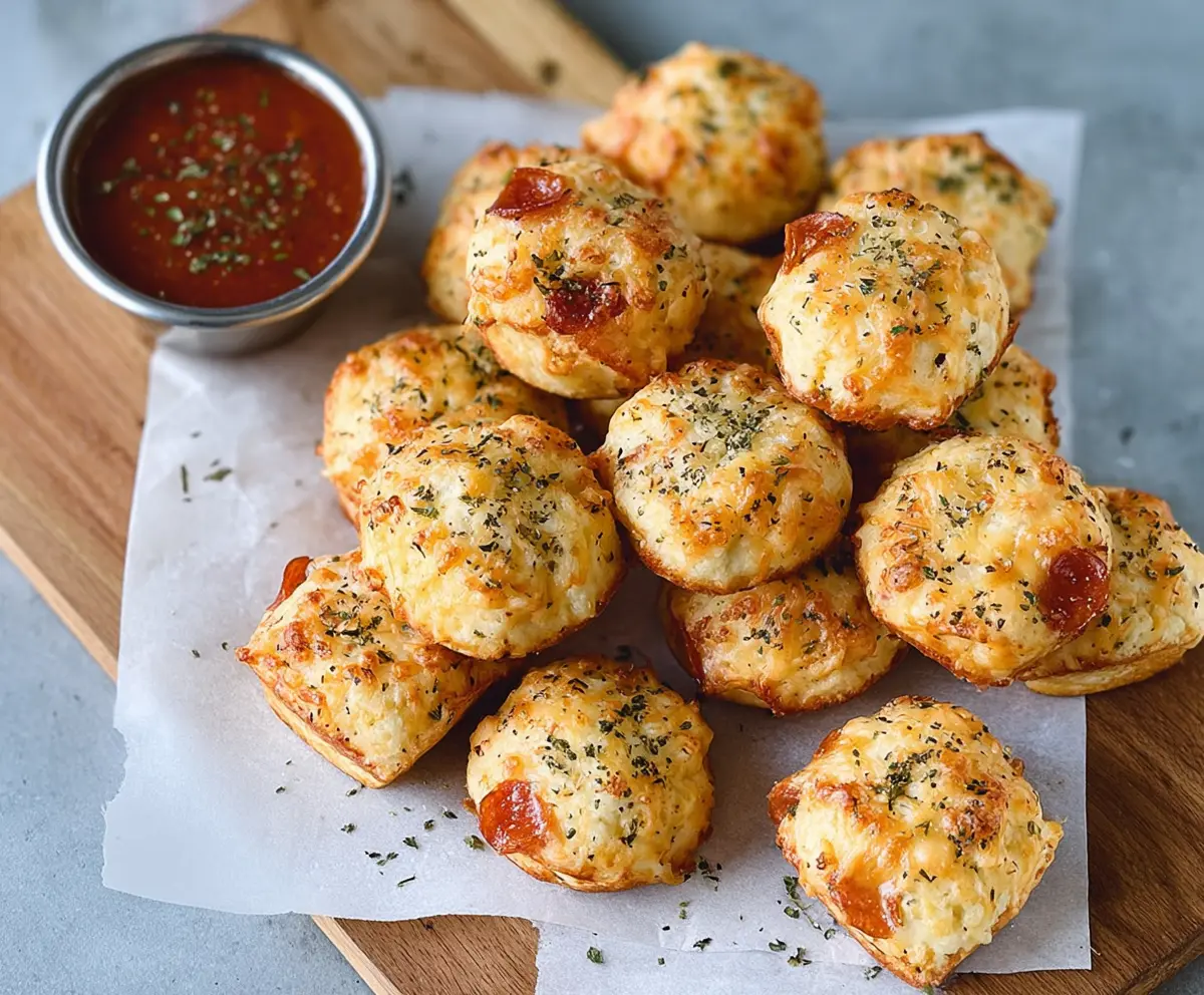 Delicious cheesy pepperoni bites on a serving plate, perfect as a tasty appetizer.