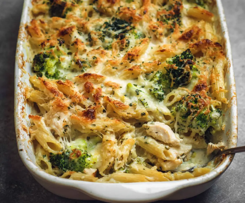 Delicious chicken and broccoli pasta bake in a baking dish, topped with melted cheese