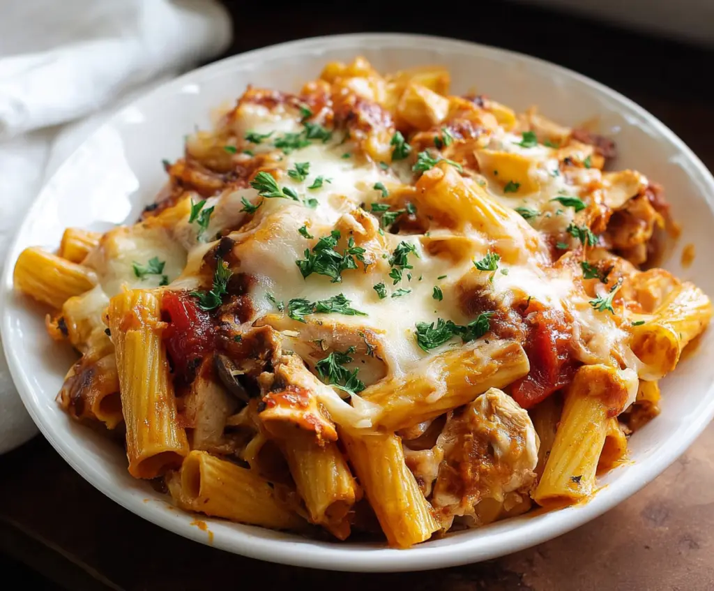 Baked chicken rigatoni pasta in a casserole dish garnished with fresh herbs, ready to serve.