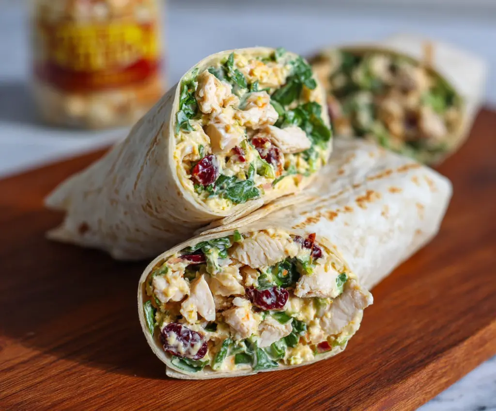 Healthy chicken salad protein wrap filled with fresh vegetables and lean chicken in a whole wheat tortilla.