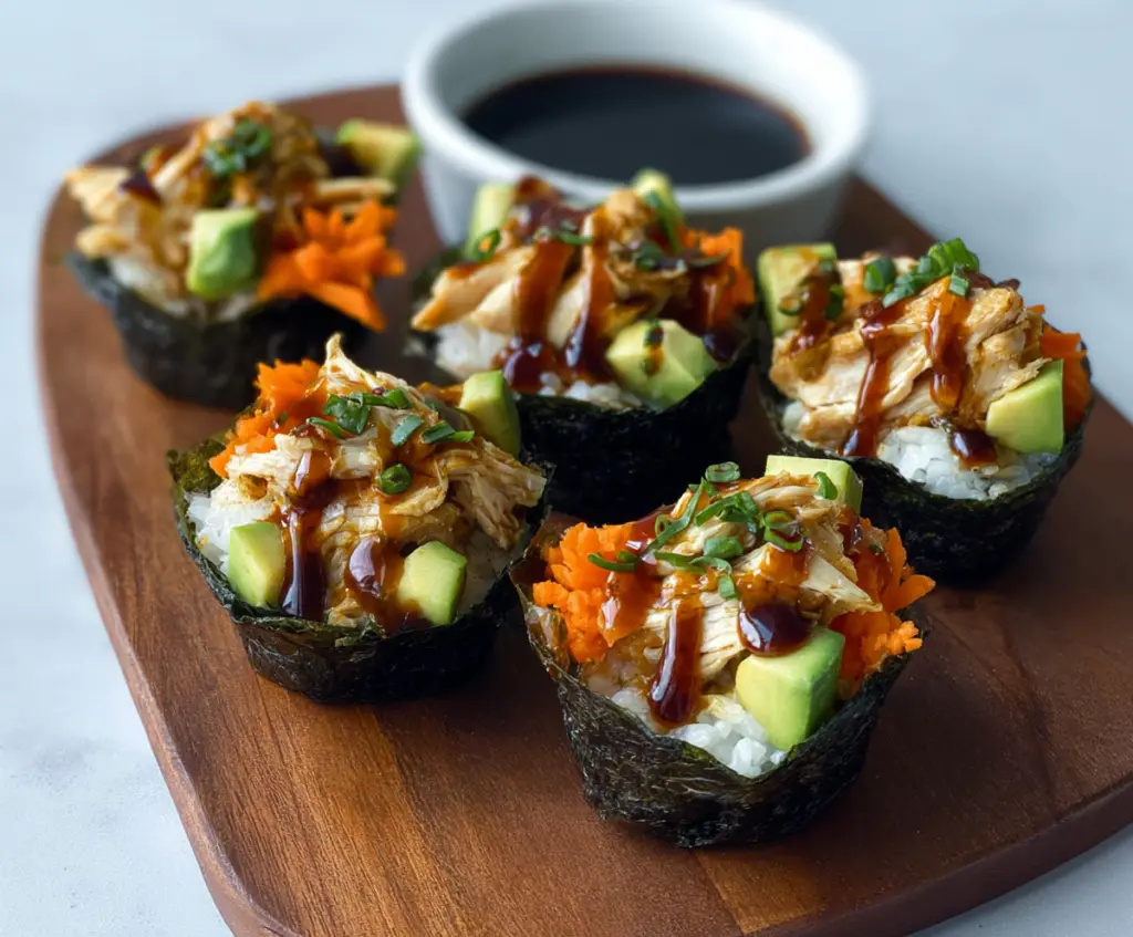 Delicious chicken sushi cups with fresh ingredients and vibrant presentation