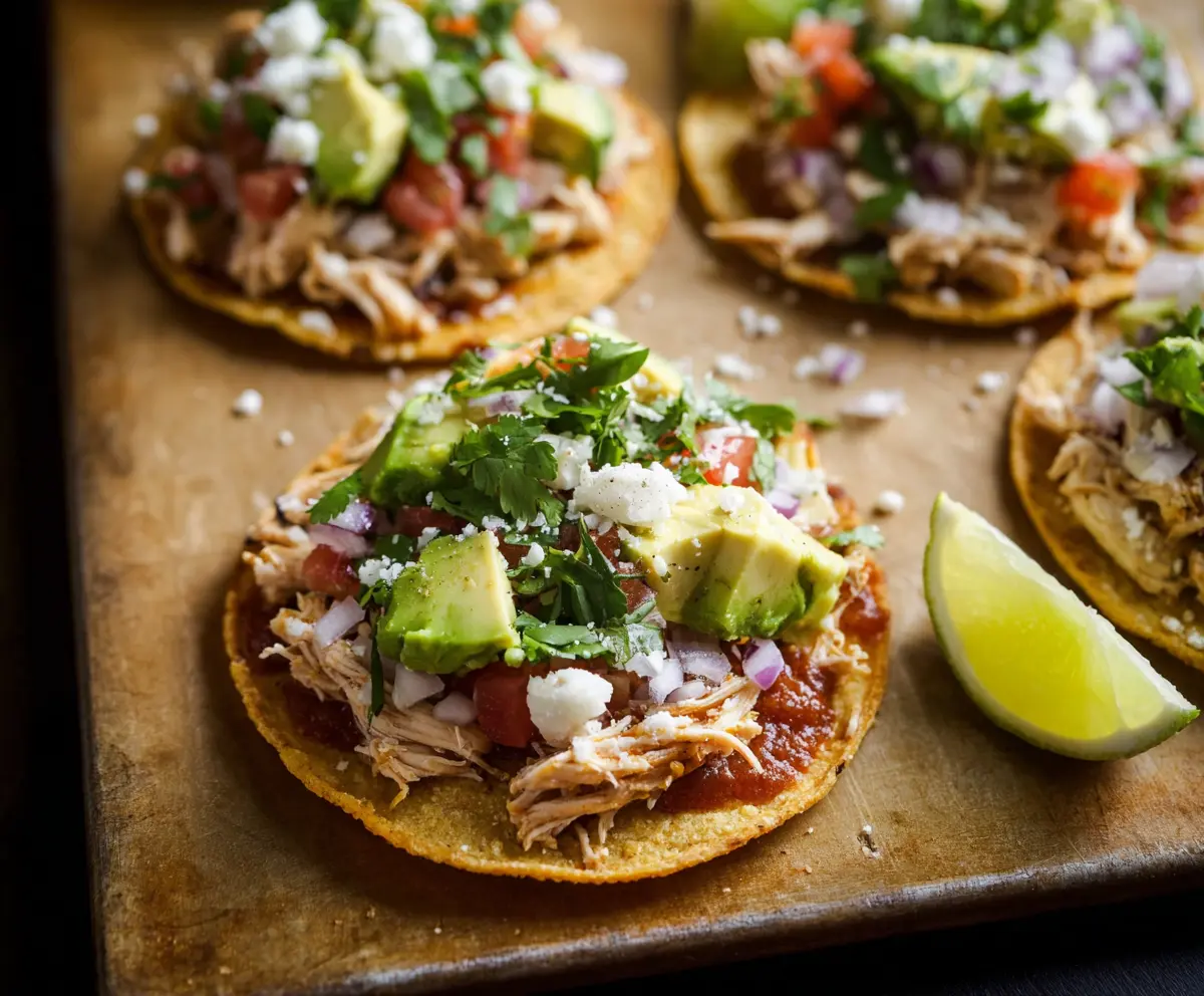 Delicious Chicken Tostadas topped with fresh vegetables and melted cheese on a white plate.
