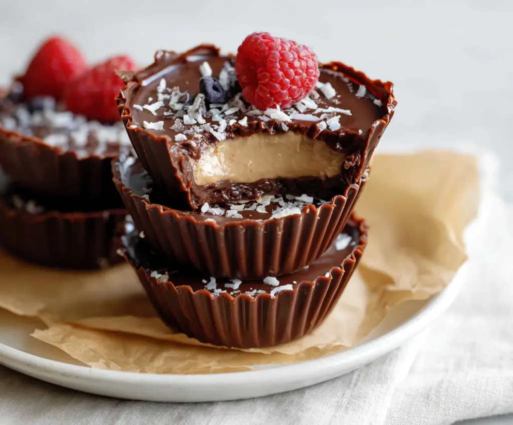 Delicious chocolate protein yogurt cups topped with cocoa and fresh berries