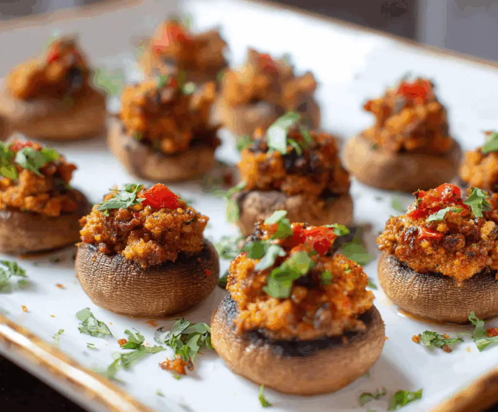 Delicious chorizo stuffed mushrooms served as an appetizer, featuring savory sausage filling in fresh mushroom caps.
