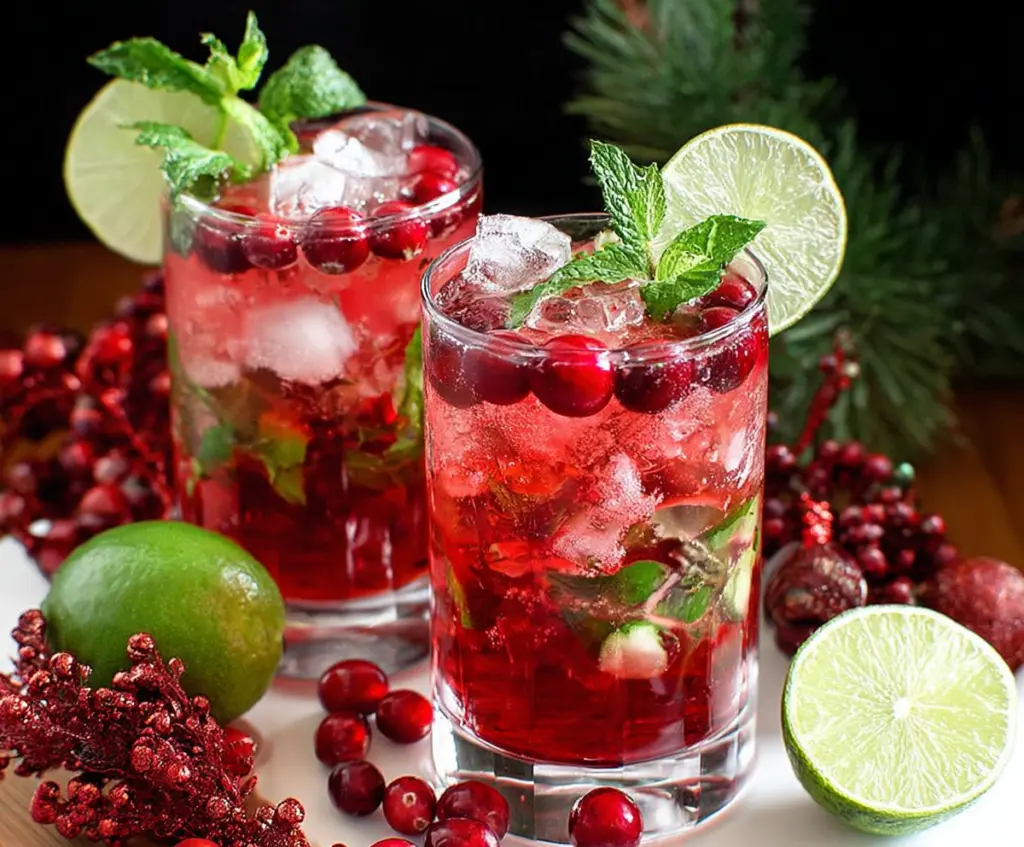 Festive Christmas Cranberry Mojito in a glass with fresh cranberries and mint leaves